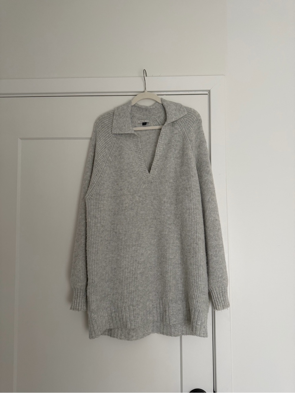 American Eagle Outfitters Light Gray V-Neck Polo Collared Ribbed Sweater Dress